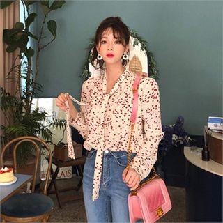 Tie-neck Heart Pattern Blouse Beige - One Size