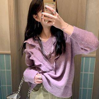 Frilled Trim V-neck Sweater Purple - One Size