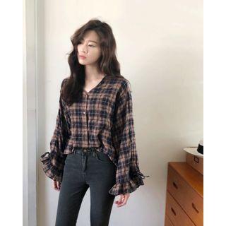 V-neck Frilled Plaid Shirt