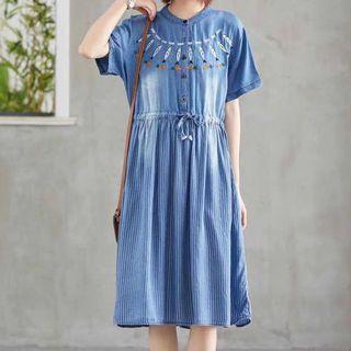 Short-sleeve Tie Waist Denim Dress As Shown In Figure - One Size