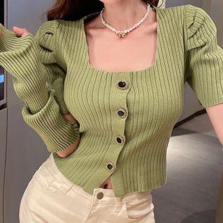 Detachable-sleeve Square-neck Button-up Knit Top