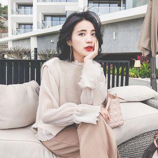 Set: Crinkle Chiffon Blouse + Knit Vest Light Almond - One Size