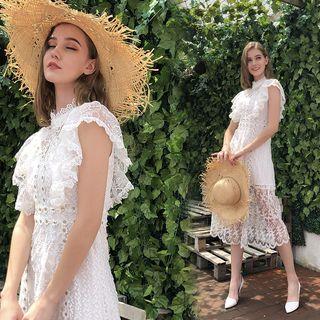 Lace Short-sleeve Midi Sheath Dress