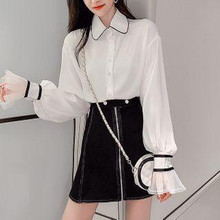Set: Flare-sleeve Mesh Shirt + A-line Skirt