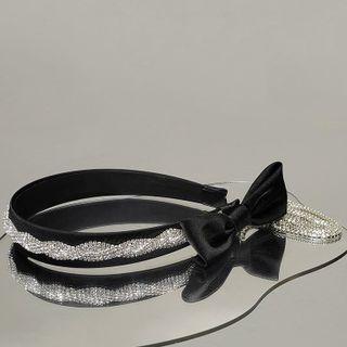 Bow Accent Rhinestone Headband Rhinestone Tassel - Black & Silver - One Size
