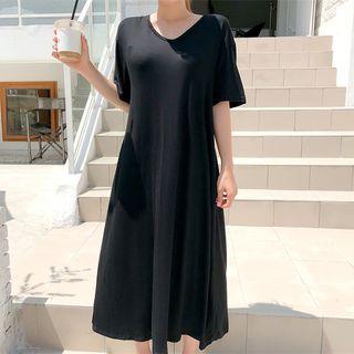 Elbow-sleeve A-line Midi T-shirt Dress