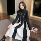 Long-sleeve Mock-neck Two-tone Midi A-line Dress