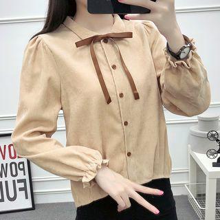 Ruffled-sleeve Tie-neck Corduroy Shirt