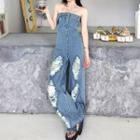 Strapless Distressed Denim Jumpsuit