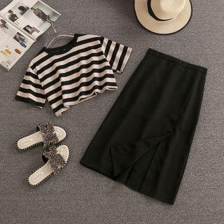 Set: Striped Cropped T-shirt + Midi A-line Skirt