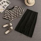 Set: Striped Cropped T-shirt + Midi A-line Skirt