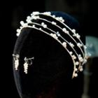 Set: Faux Pearl Wedding Headband + Drop Earring Set - Headband & 1 Pair - Drop Earring - White - One Size