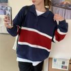 Color Block Striped Long-sleeve Polo Sweatshirt