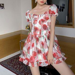 Puff Sleeve Floral Print Pleated Dress