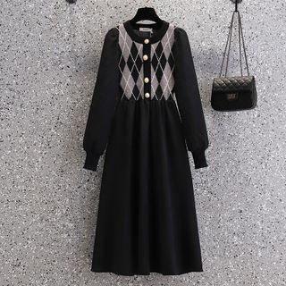 Long-sleeve Argyle Panel A-line Dress