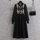Long-sleeve Argyle Panel A-line Dress