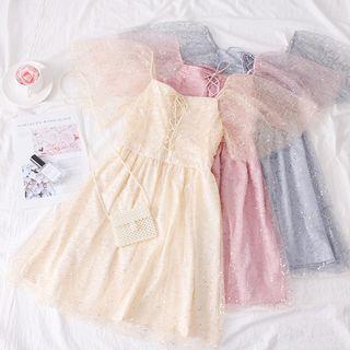 Lace-up Sequined Mesh Mini Dress