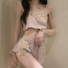 Loungewear Set : Lace Suspender Top + Shorts Pink - One Size