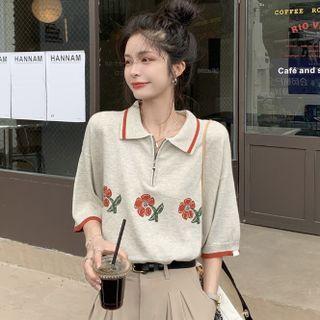 Elbow-sleeve Rose Print Polo Shirt Beige & Gray - One Size