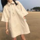 Elbow-sleeve Collared Dress Almond - One Size