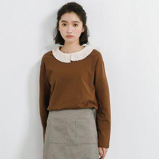 Long-sleeved Crewneck Shirred Frill Plain Slim Blouse
