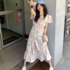 Short-sleeve V-neck Ruffled Midi A-line Dress Pink Flower - White - One Size