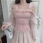 Bell-sleeve Mesh Panel Blouse / Midi A-line Skirt