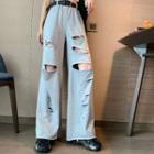 Distressed Wide-leg Pants Gray - One Size