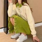 Set: Collared Long-sleeve Knit Top + Ruffle Hem Midi Straight-fit Skirt