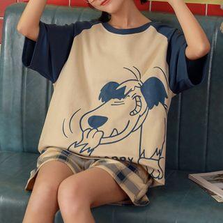 Loungewear Set : Short-sleeve Dog Print Top + Shorts