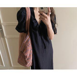 [dearest] Drawstring Long A-line Dress Navy Blue - One Size