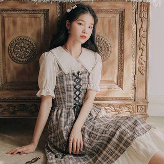 Short-sleeve Lace Trim Blouse / Plaid Lace Up Midi Overall Dress / Set