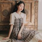 Short-sleeve Lace Trim Blouse / Plaid Lace Up Midi Overall Dress / Set