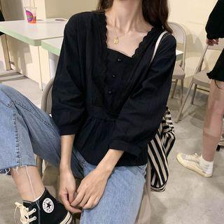 Lace Square-neck Lantern-sleeve Blouse
