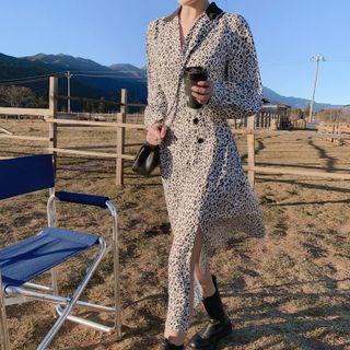 Notch Lapel Leopard Print Midi A-line Dress