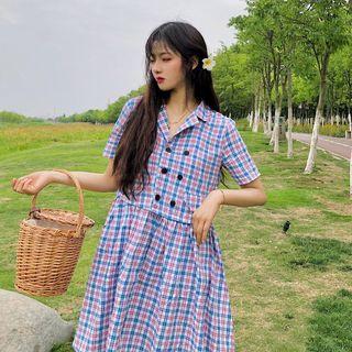 Short-sleeve Plaid Double Breasted Dress As Shown In Figure - One Size