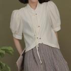 Short-sleeve Frog-button Cropped Blouse Almond - One Size