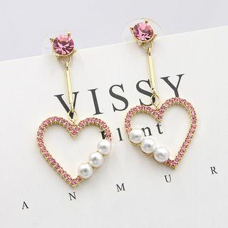 Faux Pearl Rhinestone Heart Dangle Earring 1 Pair - Stud Earrings - Heart - Pink - One Size