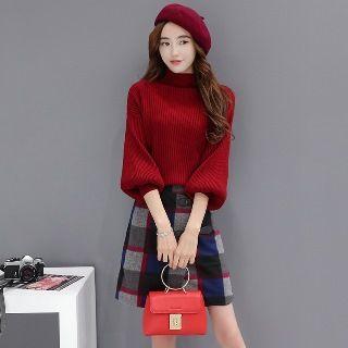 Set: Elbow-sleeve Mock-neck Top + Check Buckled A-line Skirt
