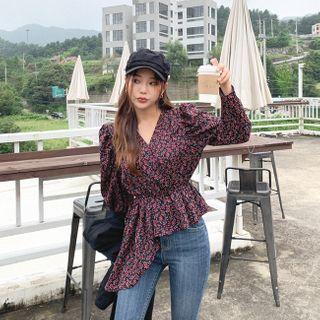 Asymmetric-hem Floral Print Blouse Black - One Size