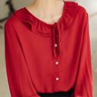 Ruffle Trim Tie-neck Long-sleeve Blouse Red - One Size