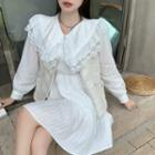 Long-sleeve Lace Collar Mini A-line Dress / Faux Pearl Open-front Vest