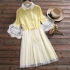 Elbow-sleeve Embroidered Collar A-line Mesh Dress