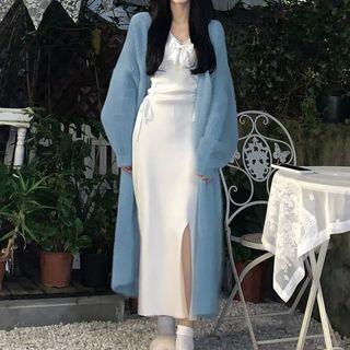 Long-sleeve Bow Accent Slit Knit Midi Sheath Dress / Long Cardigan