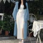 Long-sleeve Bow Accent Slit Knit Midi Sheath Dress / Long Cardigan