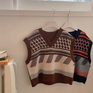 Cap-sleeve Wool Blend Patterned Knit Top