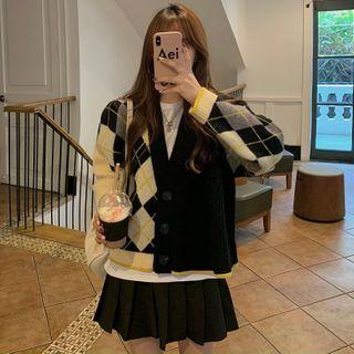 Argyle Panel Cardigan Black & White & Yellow - One Size