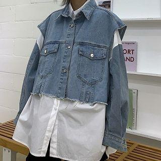 Denim Panel Shirt / Cropped Buttoned Denim Vest / Set