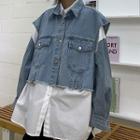 Denim Panel Shirt / Cropped Buttoned Denim Vest / Set