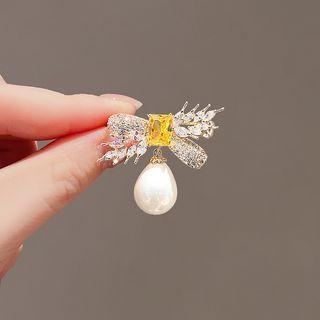 Bow Rhinestone Faux Pearl Alloy Brooch Gold - One Size